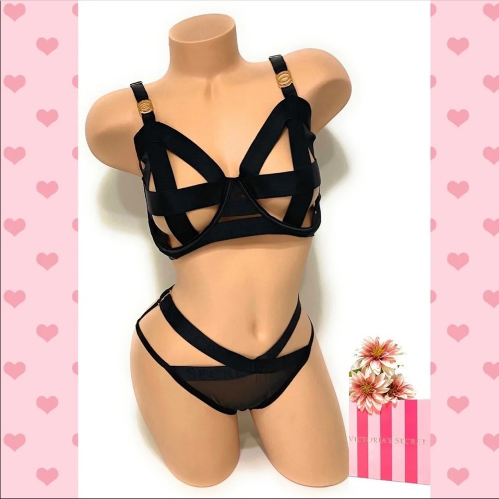 Victoria’s Secret black caged strappy unlined bra and panty set 36DDD/M